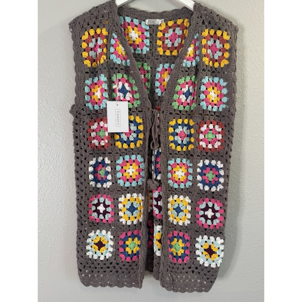 TAMSY NWT Granny Square Crochet Long Vest Duster Boho Festival One Size